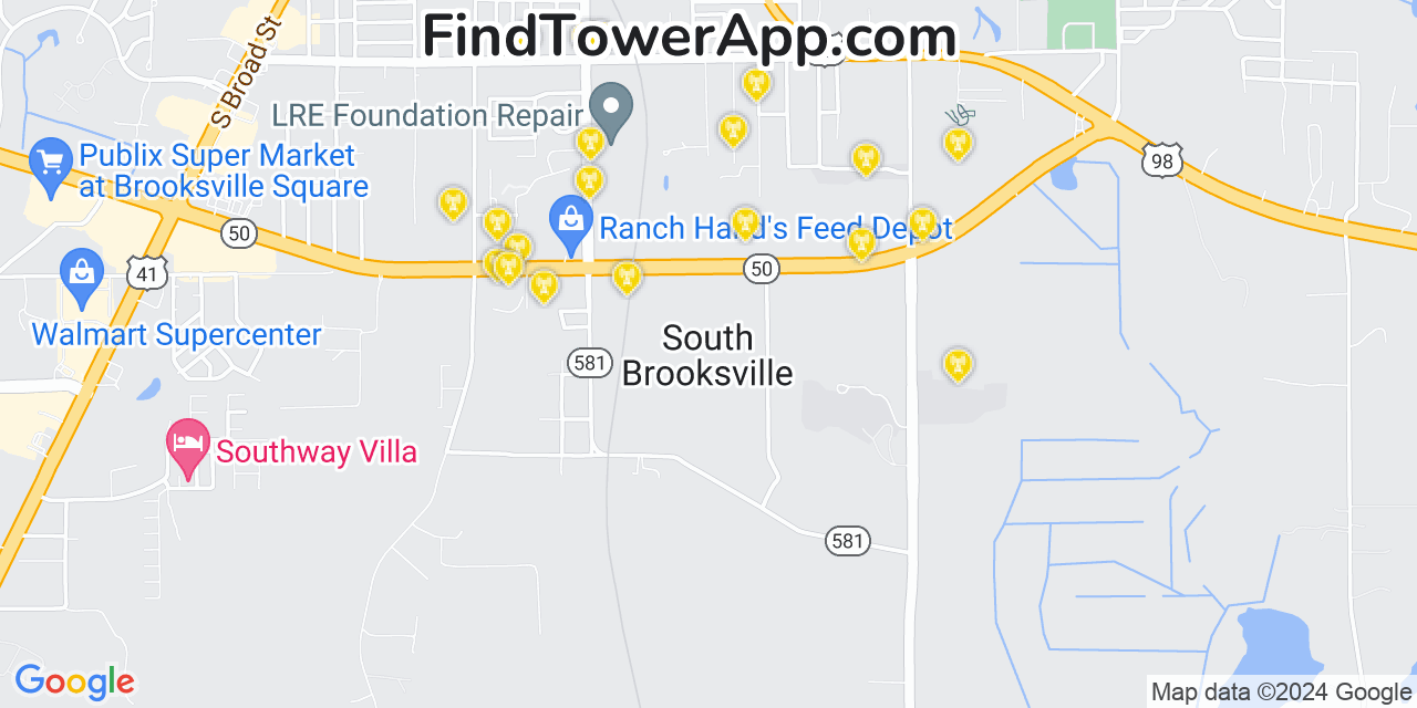 Verizon 4G/5G cell tower coverage map South Brooksville, Florida