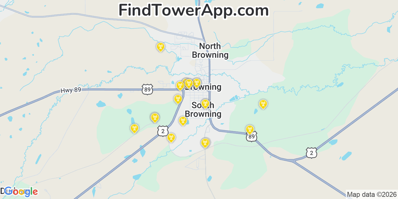 Map showing the 20 primary cell tower locations detected in South Browning, Montana from AT&T, Verizon, and T-Mobile networks