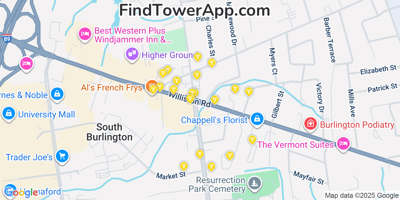 Map showing the 20 primary cell tower locations detected in South Burlington, Vermont from AT&T, Verizon, and T-Mobile networks