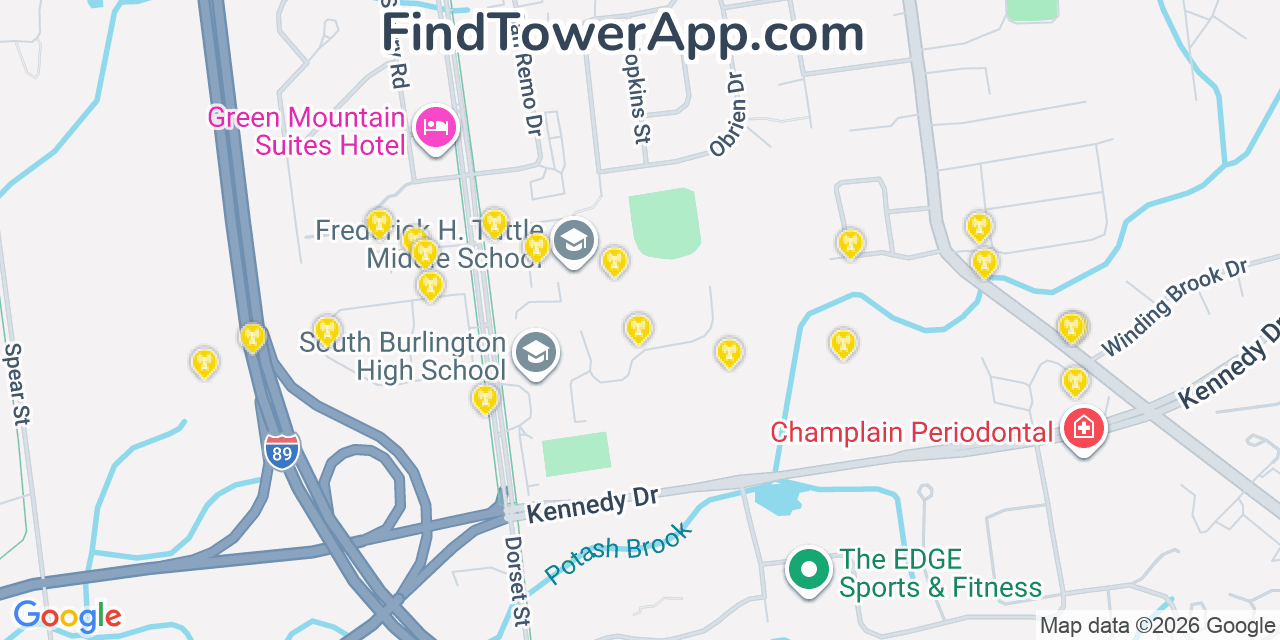 Map showing the 20 primary cell tower locations detected in South Burlington, Vermont from AT&T, Verizon, and T-Mobile networks