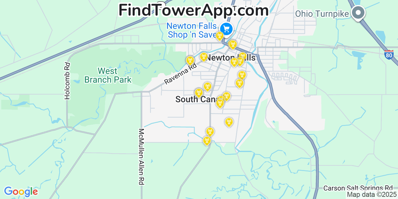 Map showing the 20 primary cell tower locations detected in South Canal, Ohio from AT&T, Verizon, and T-Mobile networks