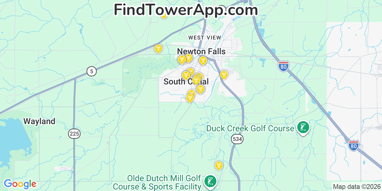 Map showing the 20 primary cell tower locations detected in South Canal, Ohio from AT&T, Verizon, and T-Mobile networks