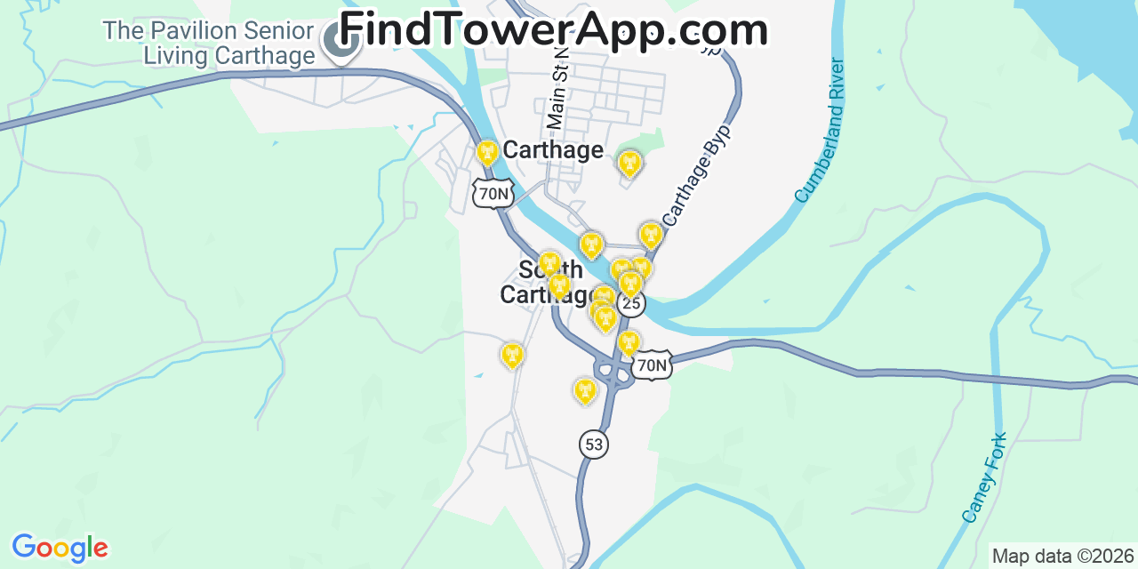 Map showing the 20 primary cell tower locations detected in South Carthage, Tennessee from AT&T, Verizon, and T-Mobile networks