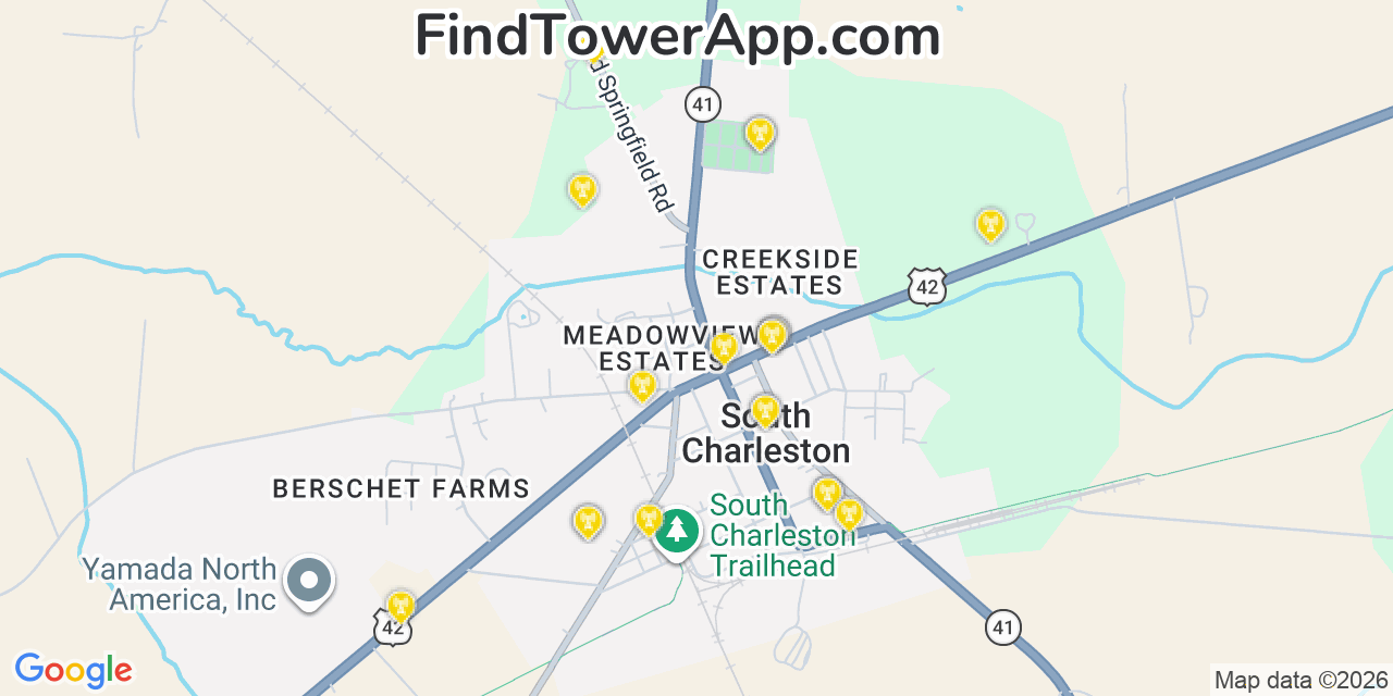 Map showing the 20 primary cell tower locations detected in South Charleston, Ohio from AT&T, Verizon, and T-Mobile networks