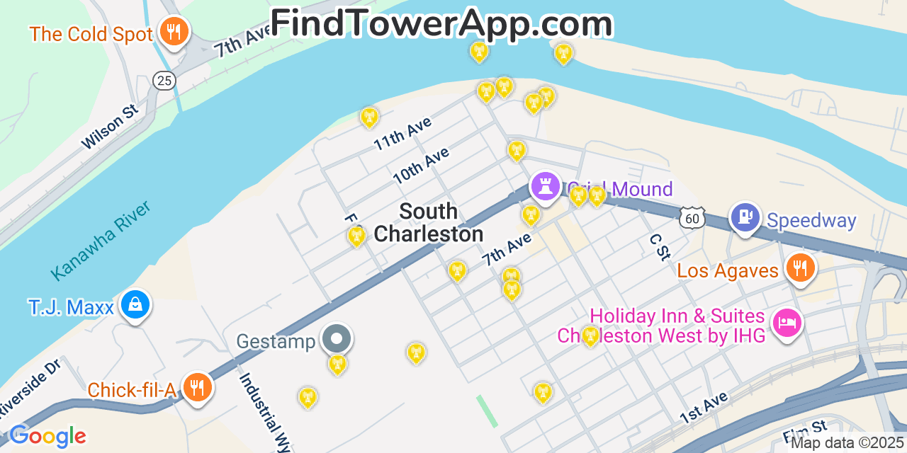 Map showing the 20 primary cell tower locations detected in South Charleston, West Virginia from AT&T, Verizon, and T-Mobile networks