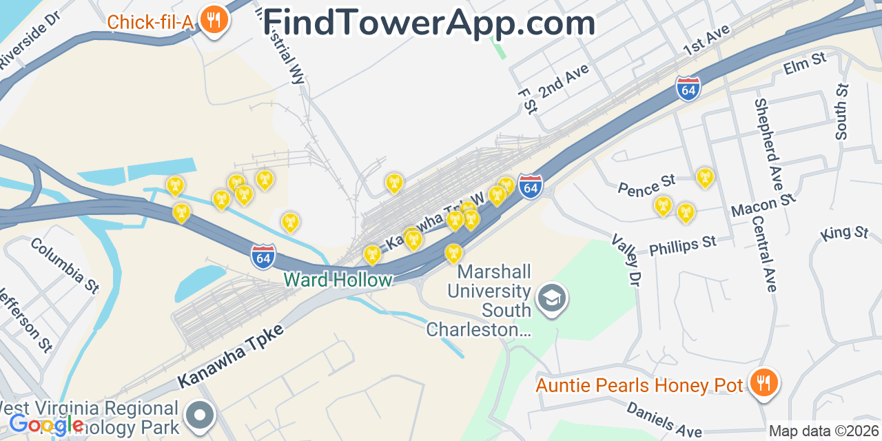 Map showing the 20 primary cell tower locations detected in South Charleston, West Virginia from AT&T, Verizon, and T-Mobile networks