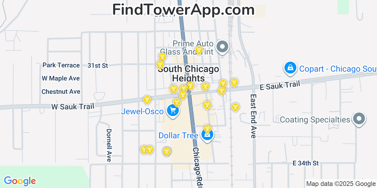 Map showing the 20 primary cell tower locations detected in South Chicago Heights, Illinois from AT&T, Verizon, and T-Mobile networks