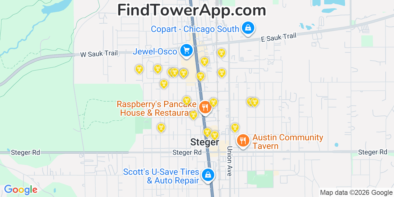 Map showing the 20 primary cell tower locations detected in South Chicago Heights, Illinois from AT&T, Verizon, and T-Mobile networks