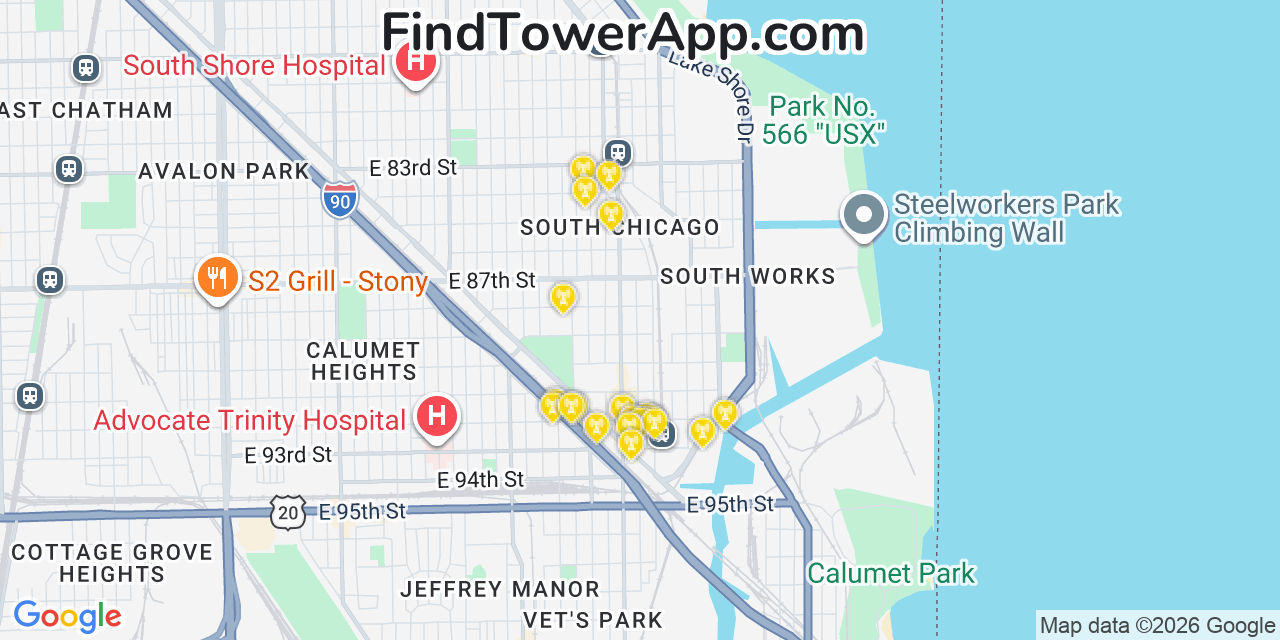 Map showing the 20 primary cell tower locations detected in South Chicago, Illinois from AT&T, Verizon, and T-Mobile networks