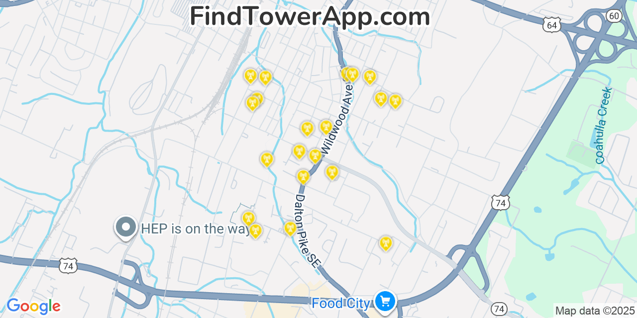 Map showing the 20 primary cell tower locations detected in South Cleveland, Tennessee from AT&T, Verizon, and T-Mobile networks