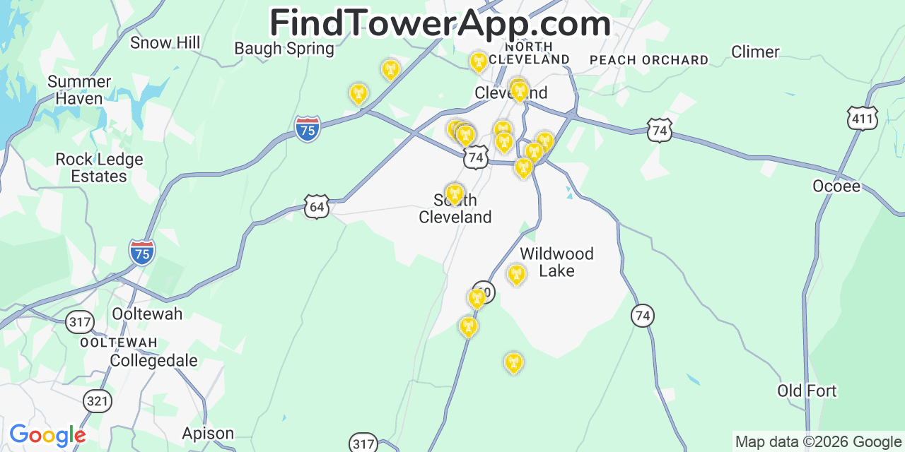 Map showing the 20 primary cell tower locations detected in South Cleveland, Tennessee from AT&T, Verizon, and T-Mobile networks