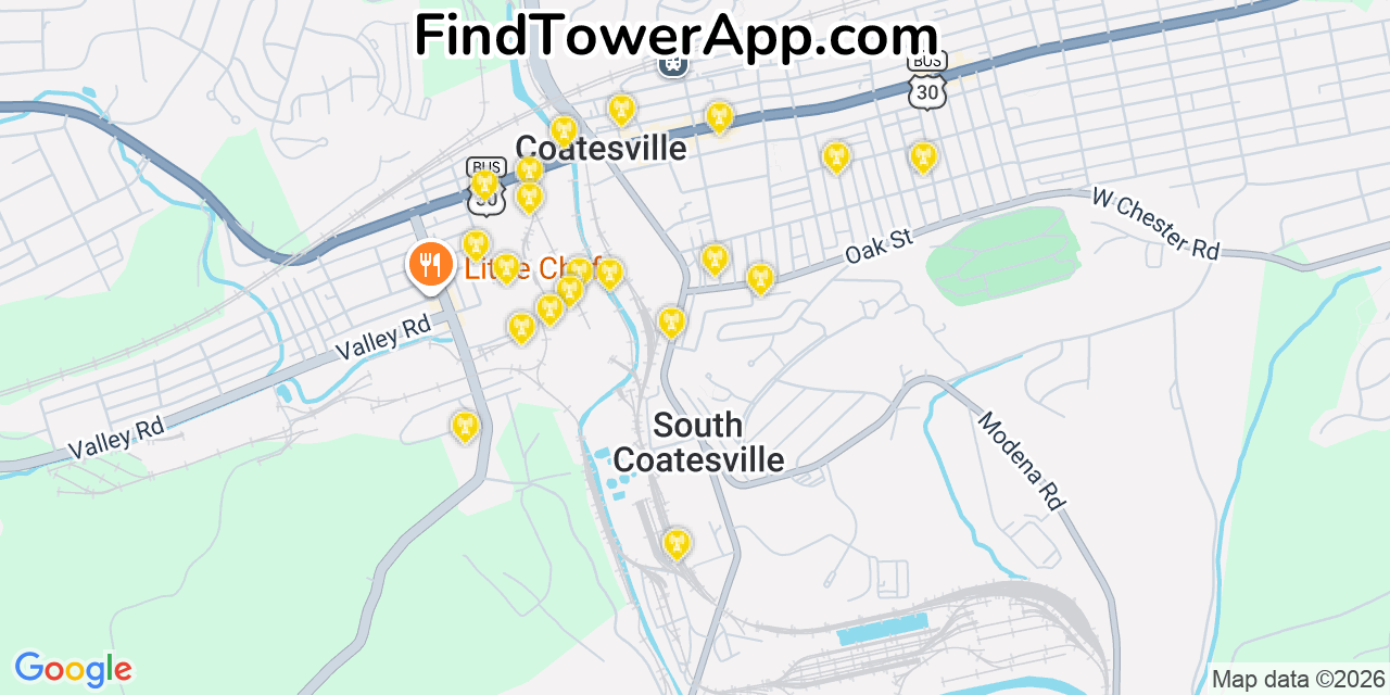 Map showing the 20 primary cell tower locations detected in South Coatesville, Pennsylvania from AT&T, Verizon, and T-Mobile networks
