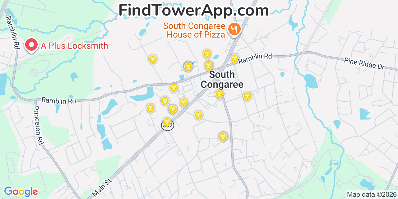 Map showing the 20 primary cell tower locations detected in South Congaree, South Carolina from AT&T, Verizon, and T-Mobile networks