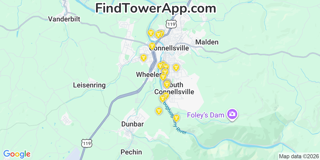 Map showing the 20 primary cell tower locations detected in South Connellsville, Pennsylvania from AT&T, Verizon, and T-Mobile networks