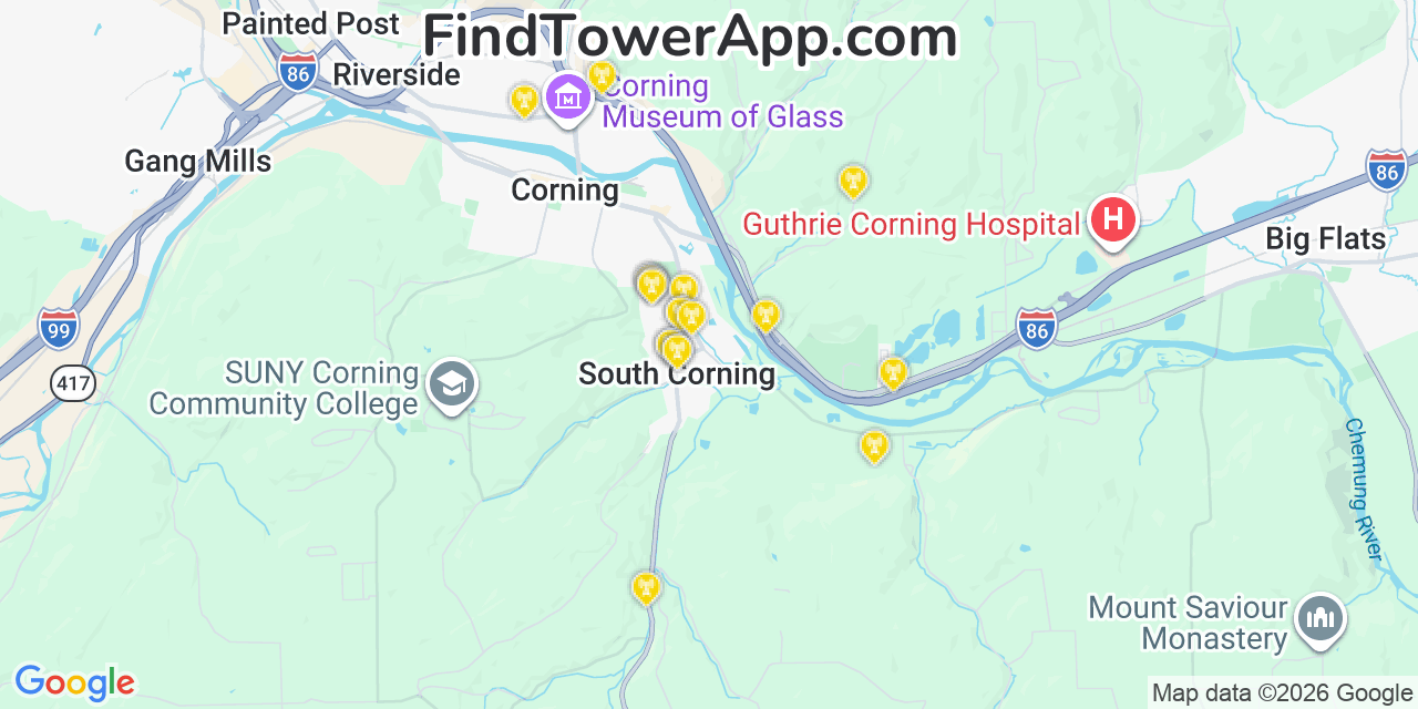 Map showing the 20 primary cell tower locations detected in South Corning, New York from AT&T, Verizon, and T-Mobile networks