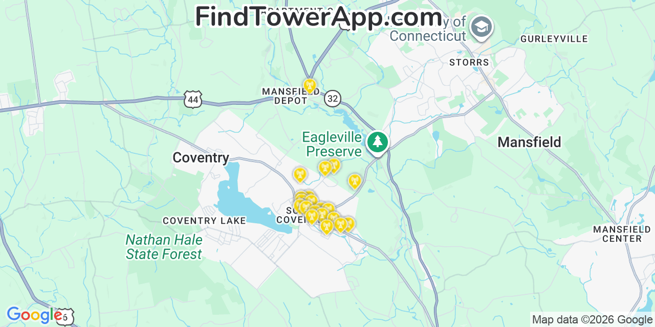 Map showing the 20 primary cell tower locations detected in South Coventry, Connecticut from AT&T, Verizon, and T-Mobile networks