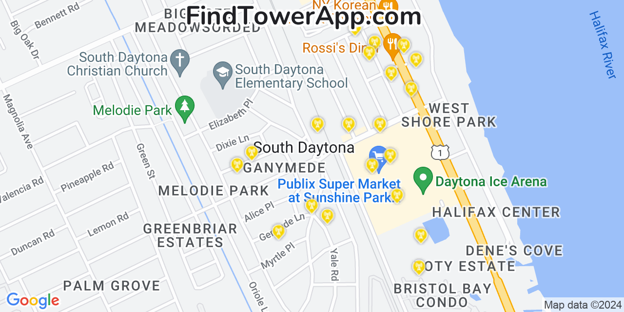 AT&T 4G/5G cell tower coverage map South Daytona, Florida