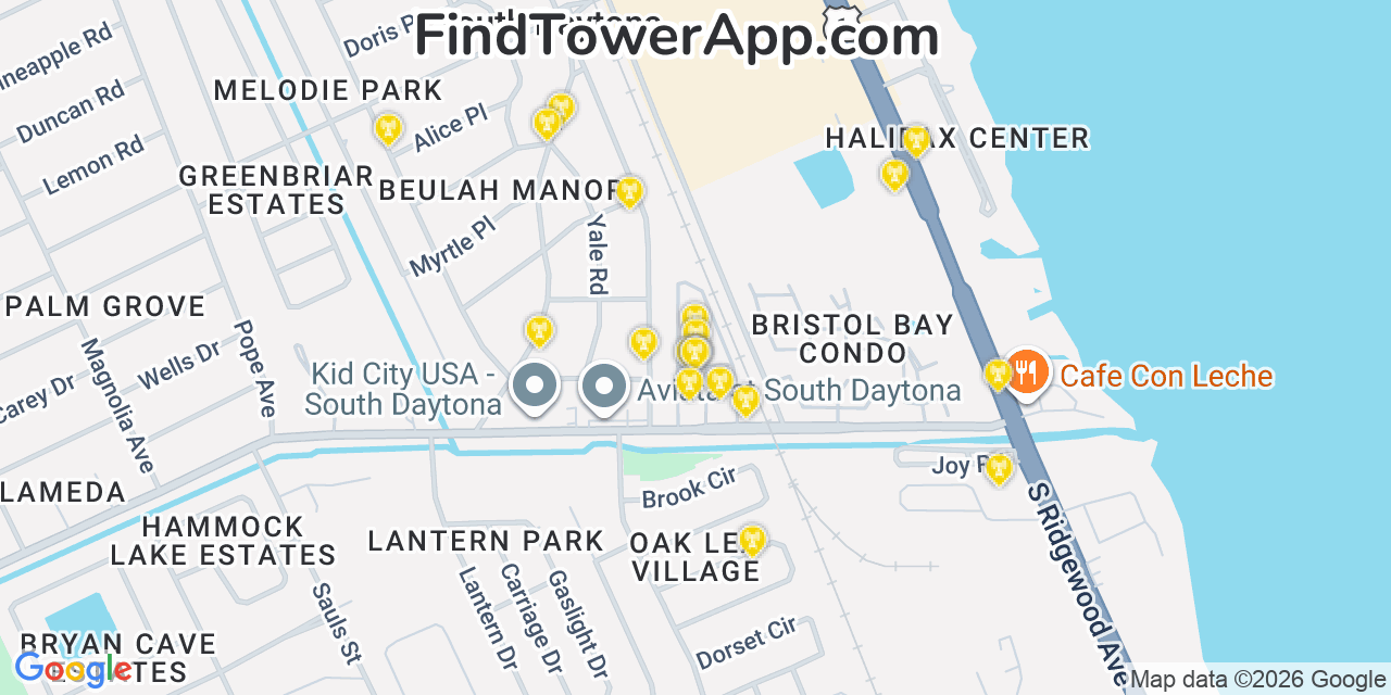 Map showing the 20 primary cell tower locations detected in South Daytona, Florida from AT&T, Verizon, and T-Mobile networks
