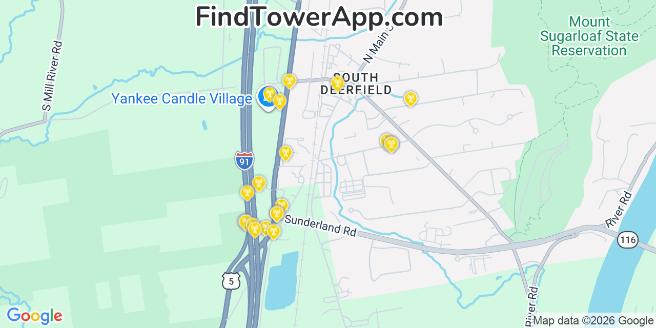 Map showing the 20 primary cell tower locations detected in South Deerfield, Massachusetts from AT&T, Verizon, and T-Mobile networks