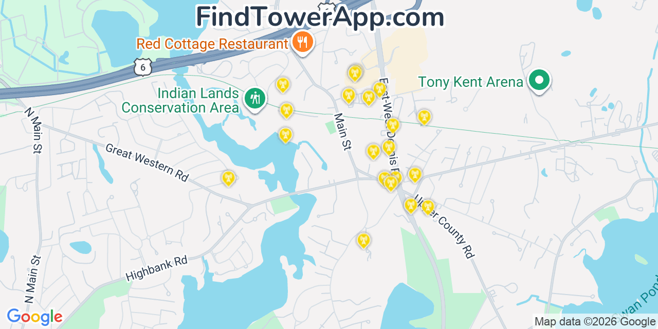 Map showing the 20 primary cell tower locations detected in South Dennis, Massachusetts from AT&T, Verizon, and T-Mobile networks