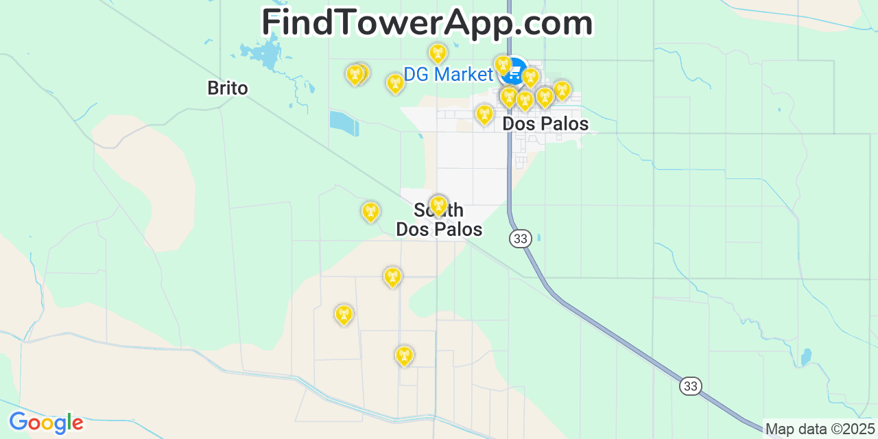 Map showing the 20 primary cell tower locations detected in South Dos Palos, California from AT&T, Verizon, and T-Mobile networks