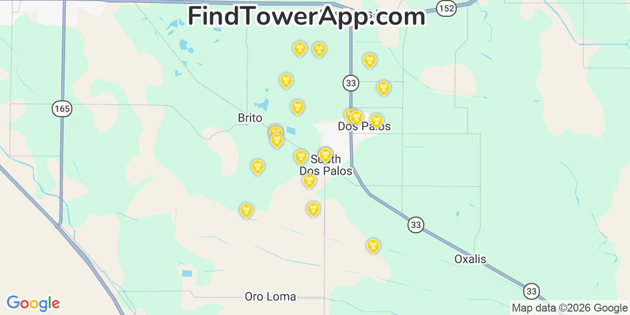 Map showing the 20 primary cell tower locations detected in South Dos Palos, California from AT&T, Verizon, and T-Mobile networks
