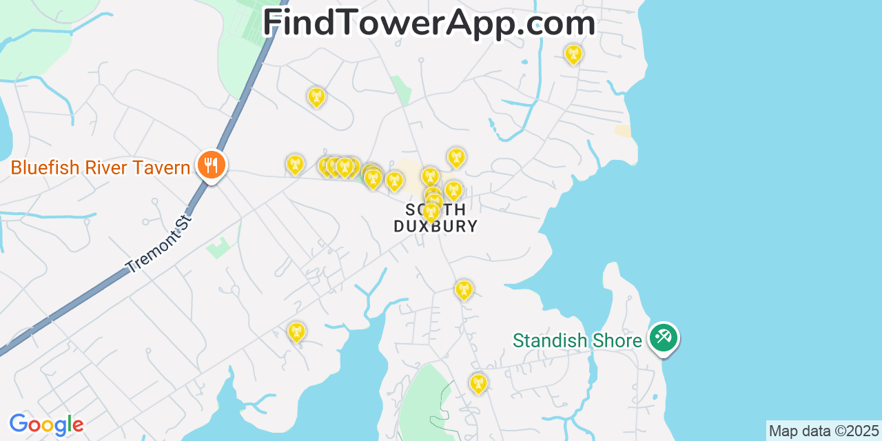 Map showing the 20 primary cell tower locations detected in South Duxbury, Massachusetts from AT&T, Verizon, and T-Mobile networks