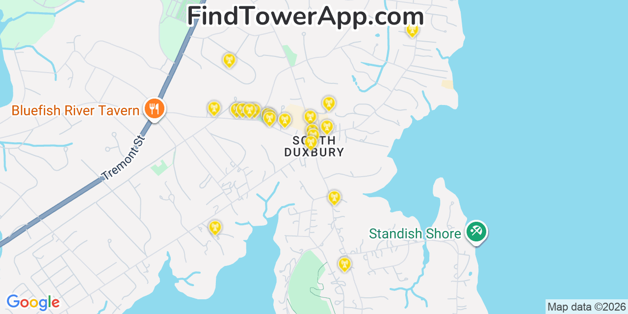 Map showing the 20 primary cell tower locations detected in South Duxbury, Massachusetts from AT&T, Verizon, and T-Mobile networks