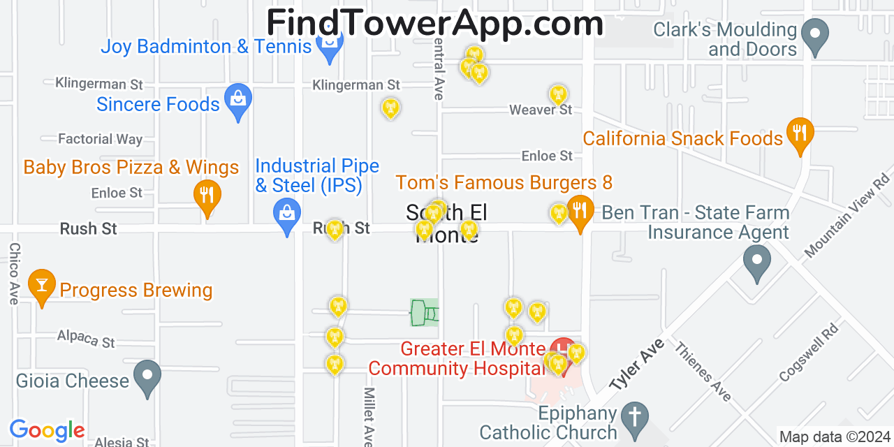 AT&T 4G/5G cell tower coverage map South El Monte, California