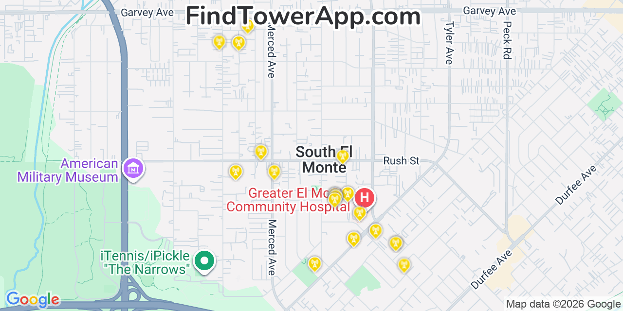 Map showing the 20 primary cell tower locations detected in South El Monte, California from AT&T, Verizon, and T-Mobile networks