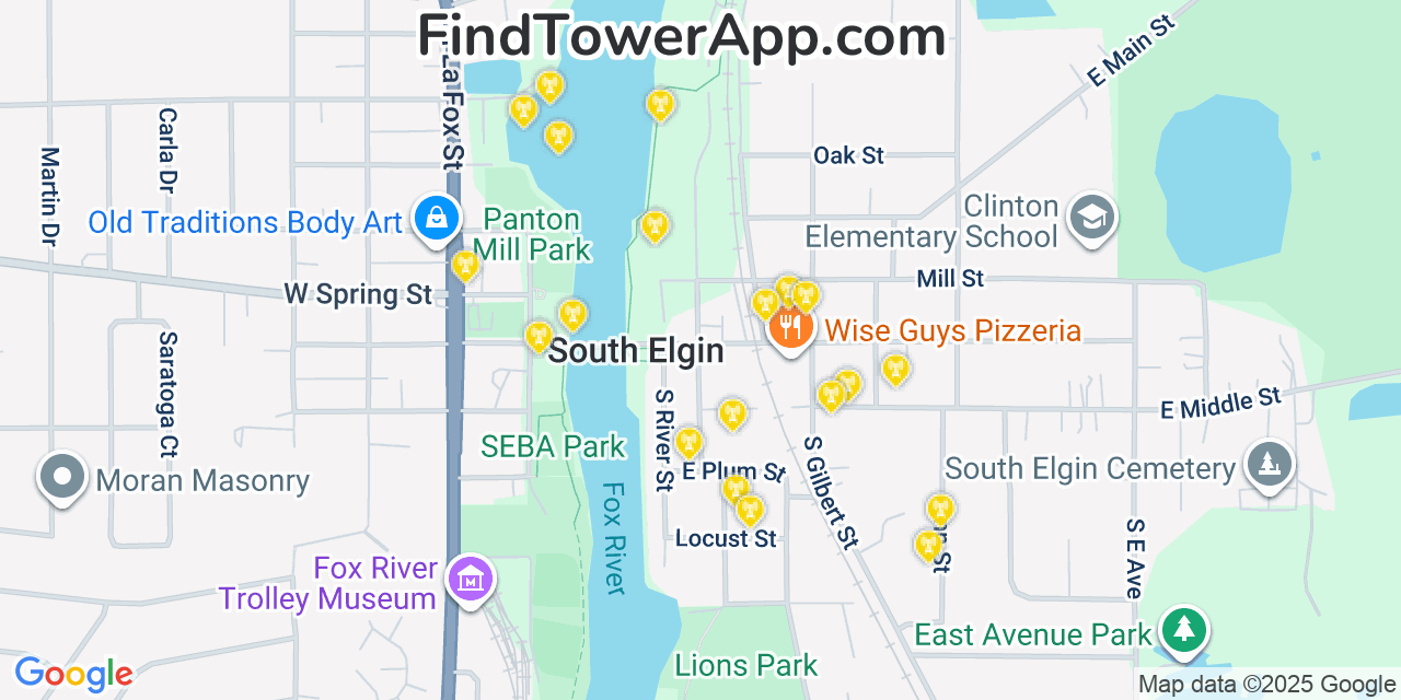 Map showing the 20 primary cell tower locations detected in South Elgin, Illinois from AT&T, Verizon, and T-Mobile networks