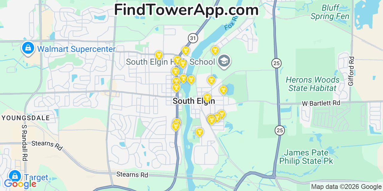 Map showing the 20 primary cell tower locations detected in South Elgin, Illinois from AT&T, Verizon, and T-Mobile networks