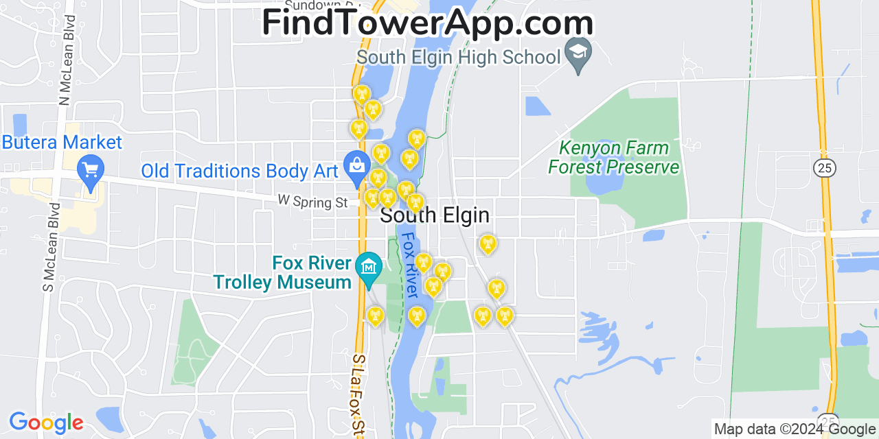 Verizon 4G/5G cell tower coverage map South Elgin, Illinois