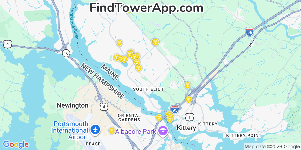 Map showing the 20 primary cell tower locations detected in South Eliot, Maine from AT&T, Verizon, and T-Mobile networks