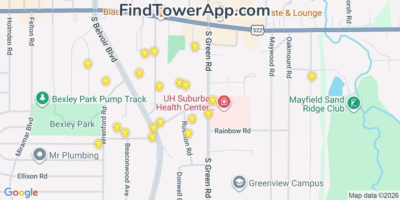 Map showing the 20 primary cell tower locations detected in South Euclid, Ohio from AT&T, Verizon, and T-Mobile networks