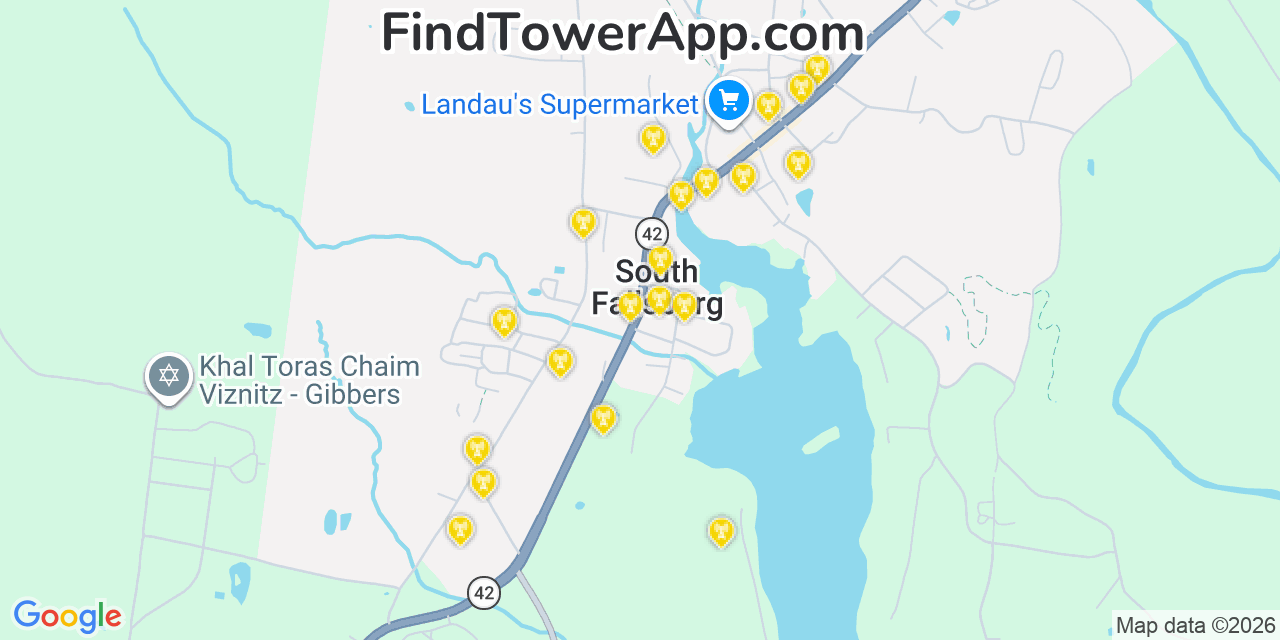 Map showing the 20 primary cell tower locations detected in South Fallsburg, New York from AT&T, Verizon, and T-Mobile networks