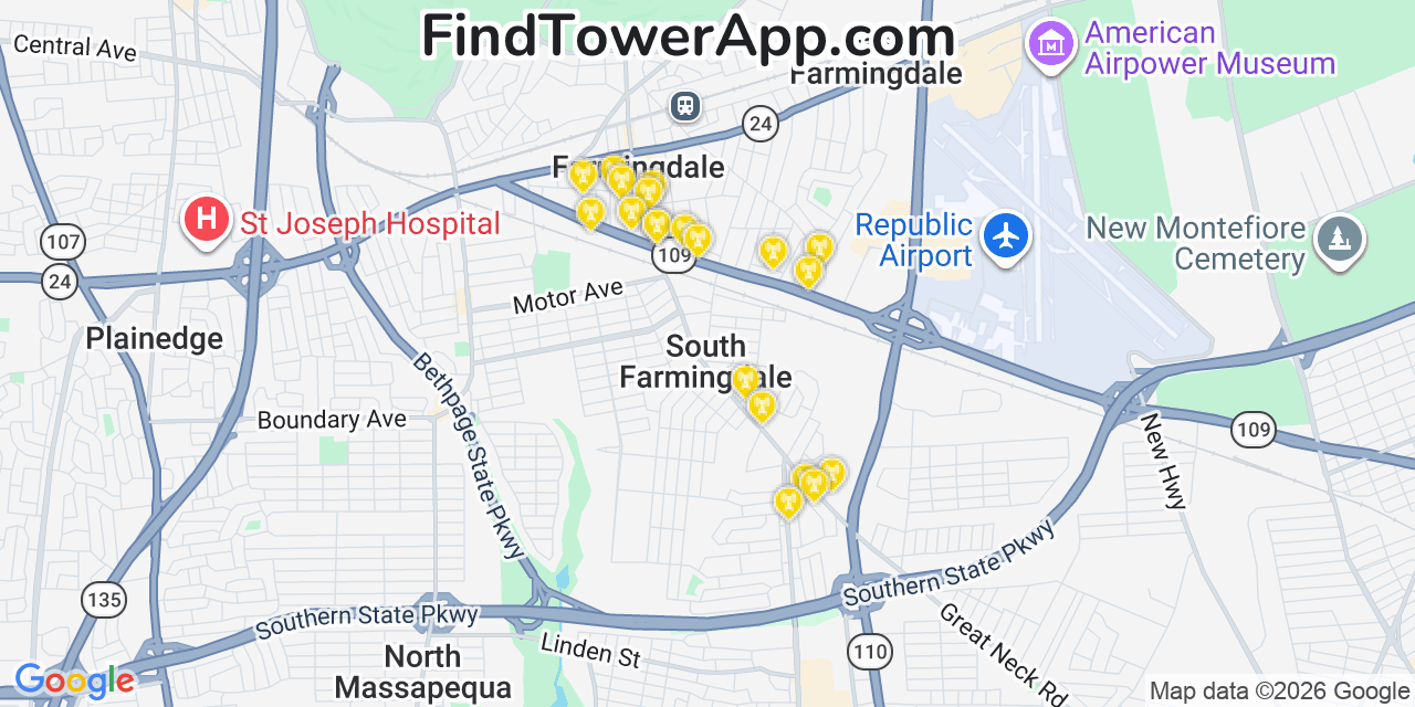 Map showing the 20 primary cell tower locations detected in South Farmingdale, New York from AT&T, Verizon, and T-Mobile networks