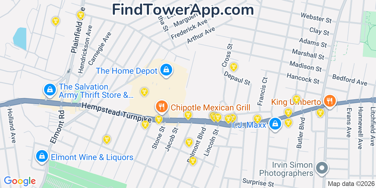 Map showing the 20 primary cell tower locations detected in South Floral Park, New York from AT&T, Verizon, and T-Mobile networks