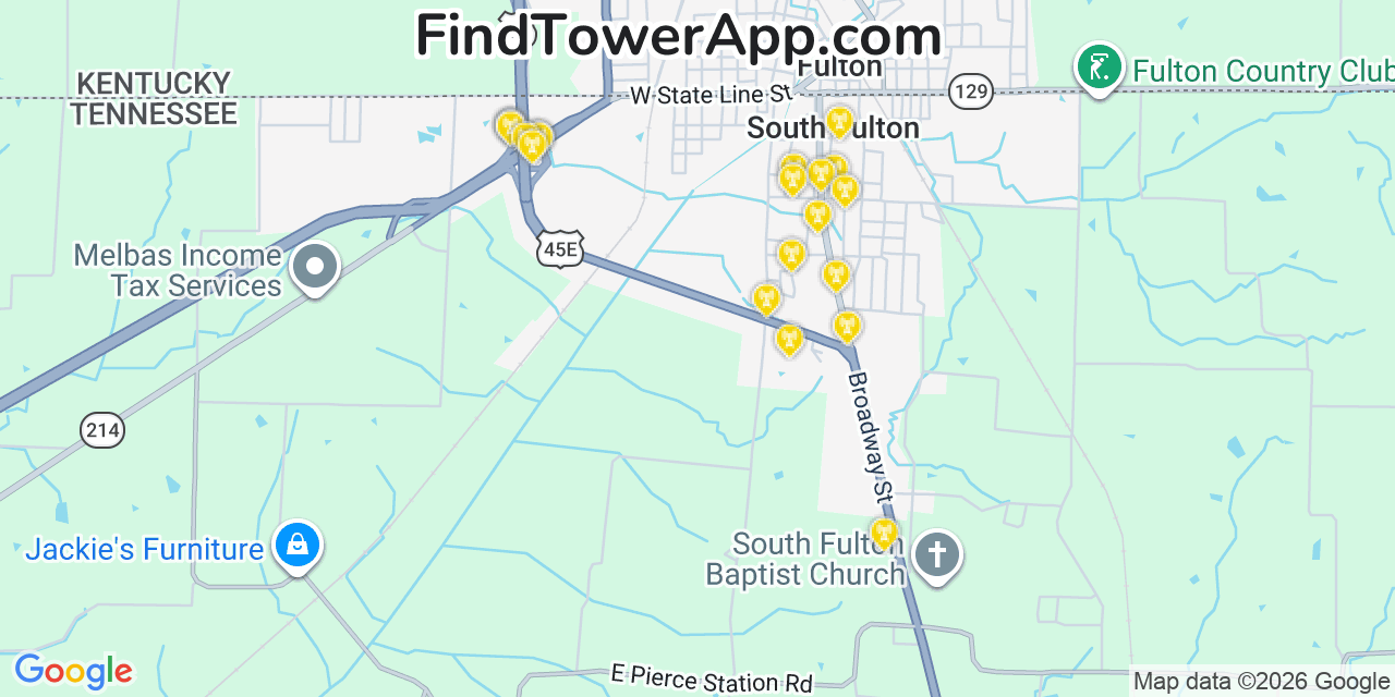 Map showing the 20 primary cell tower locations detected in South Fulton, Tennessee from AT&T, Verizon, and T-Mobile networks