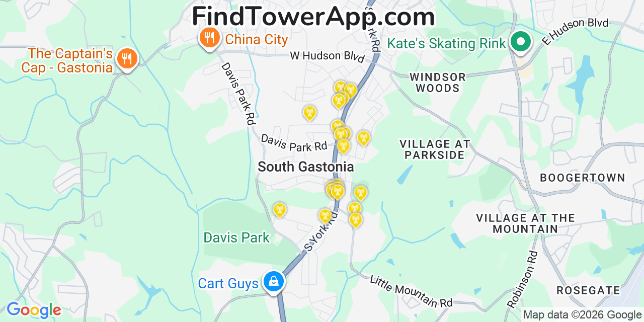 Map showing the 20 primary cell tower locations detected in South Gastonia, North Carolina from AT&T, Verizon, and T-Mobile networks