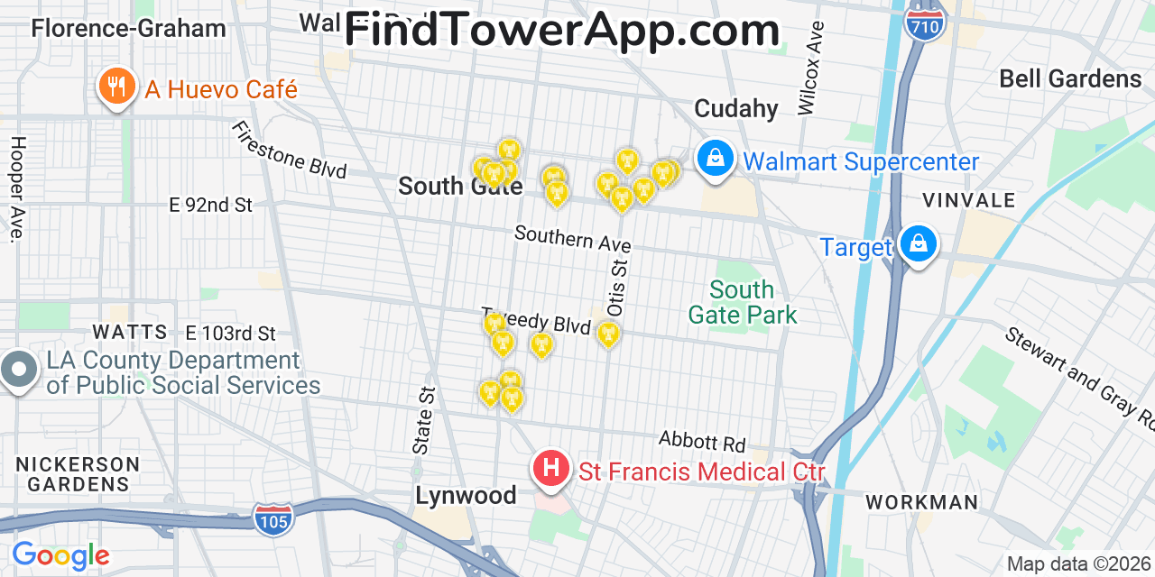 Map showing the 20 primary cell tower locations detected in South Gate, California from AT&T, Verizon, and T-Mobile networks