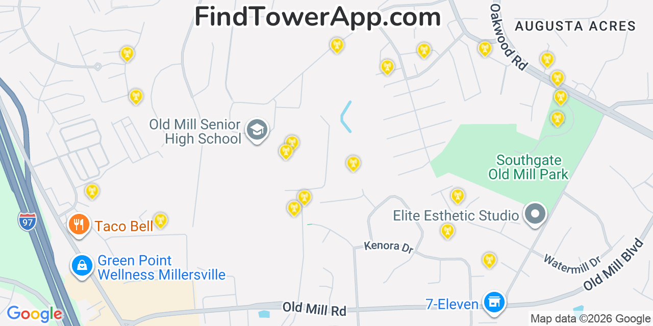 Map showing the 20 primary cell tower locations detected in South Gate, Maryland from AT&T, Verizon, and T-Mobile networks