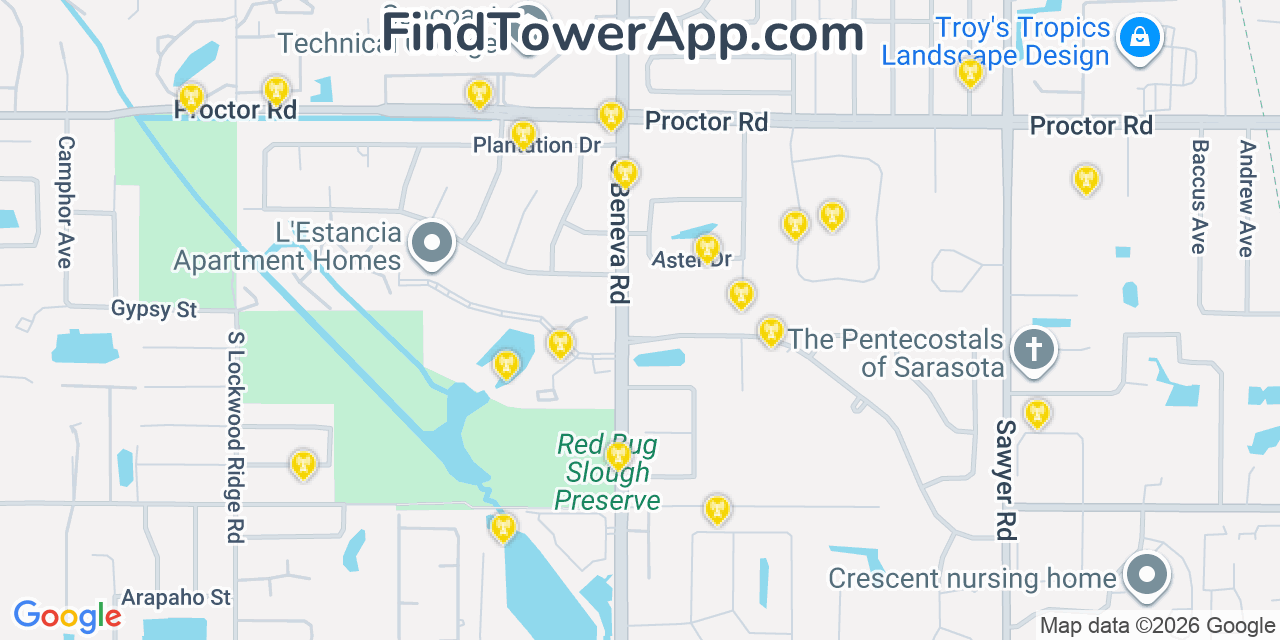 Map showing the 20 primary cell tower locations detected in South Gate Ridge, Florida from AT&T, Verizon, and T-Mobile networks