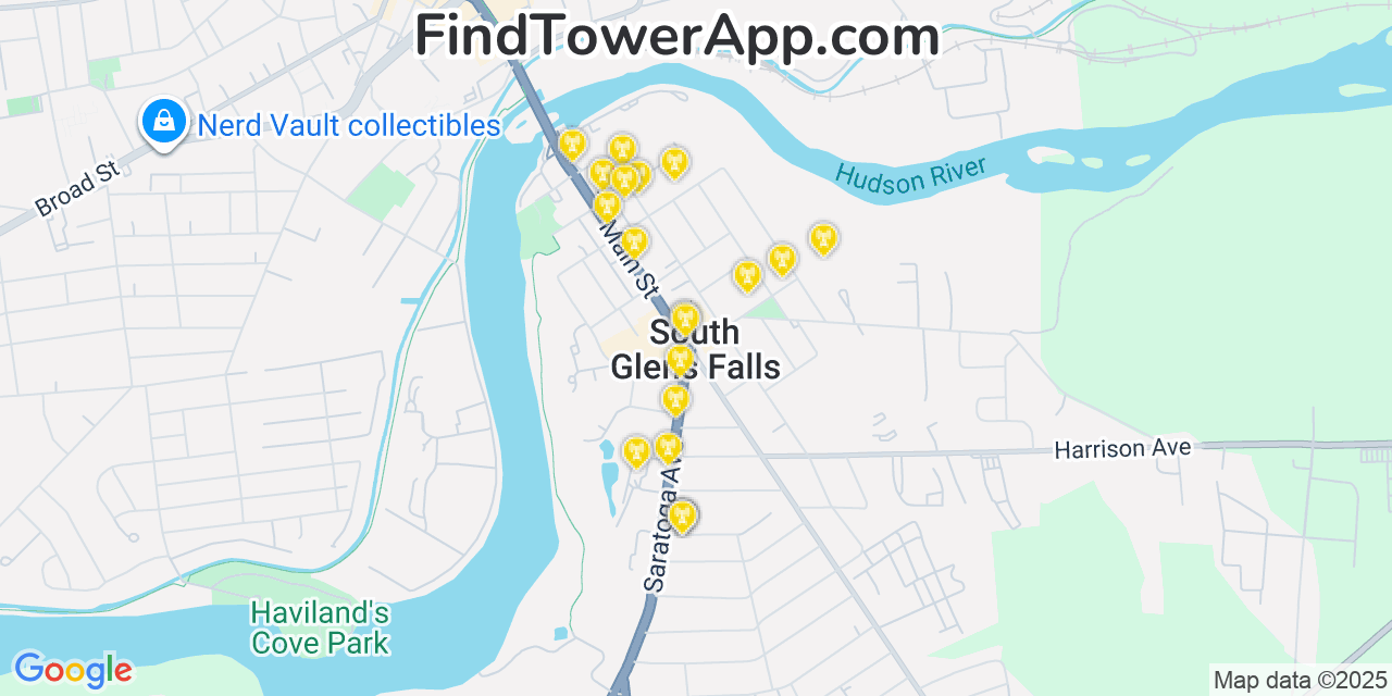 Map showing the 20 primary cell tower locations detected in South Glens Falls, New York from AT&T, Verizon, and T-Mobile networks