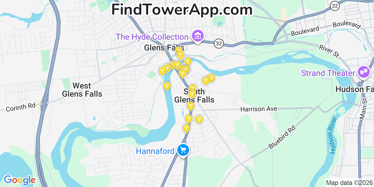 Map showing the 20 primary cell tower locations detected in South Glens Falls, New York from AT&T, Verizon, and T-Mobile networks