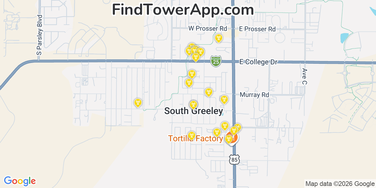 Map showing the 20 primary cell tower locations detected in South Greeley, Wyoming from AT&T, Verizon, and T-Mobile networks
