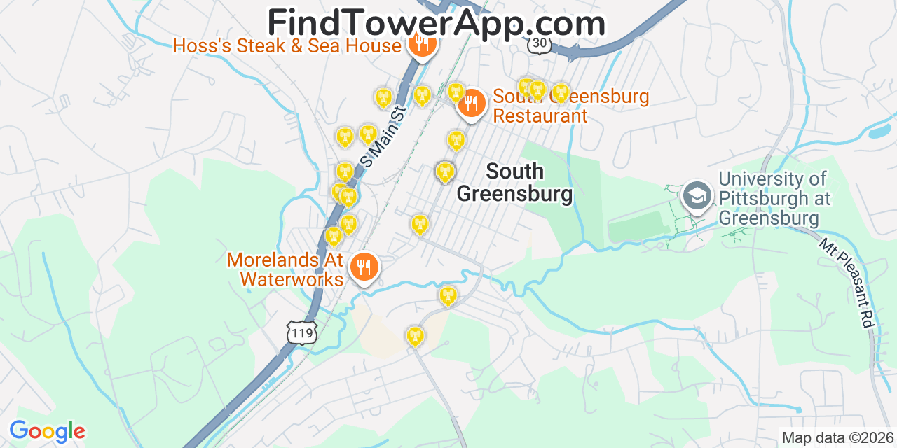 Map showing the 20 primary cell tower locations detected in South Greensburg, Pennsylvania from AT&T, Verizon, and T-Mobile networks