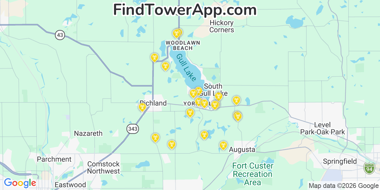 Map showing the 20 primary cell tower locations detected in South Gull Lake, Michigan from AT&T, Verizon, and T-Mobile networks