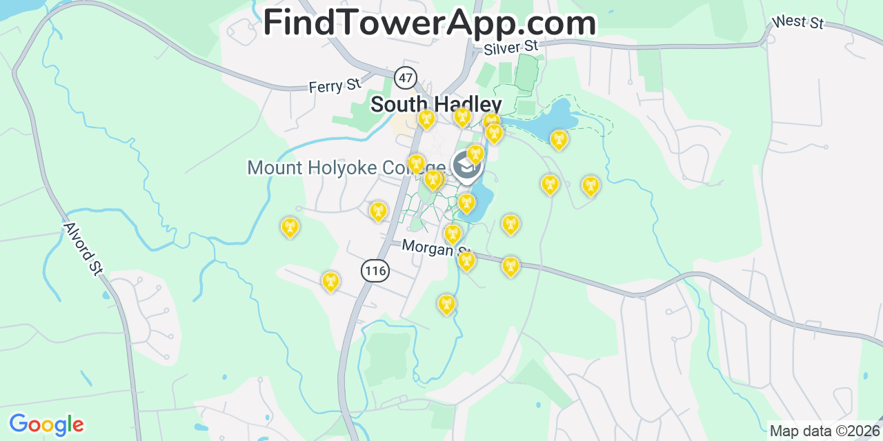 Map showing the 20 primary cell tower locations detected in South Hadley, Massachusetts from AT&T, Verizon, and T-Mobile networks