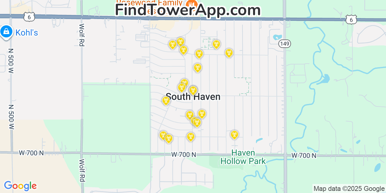Map showing the 20 primary cell tower locations detected in South Haven, Indiana from AT&T, Verizon, and T-Mobile networks
